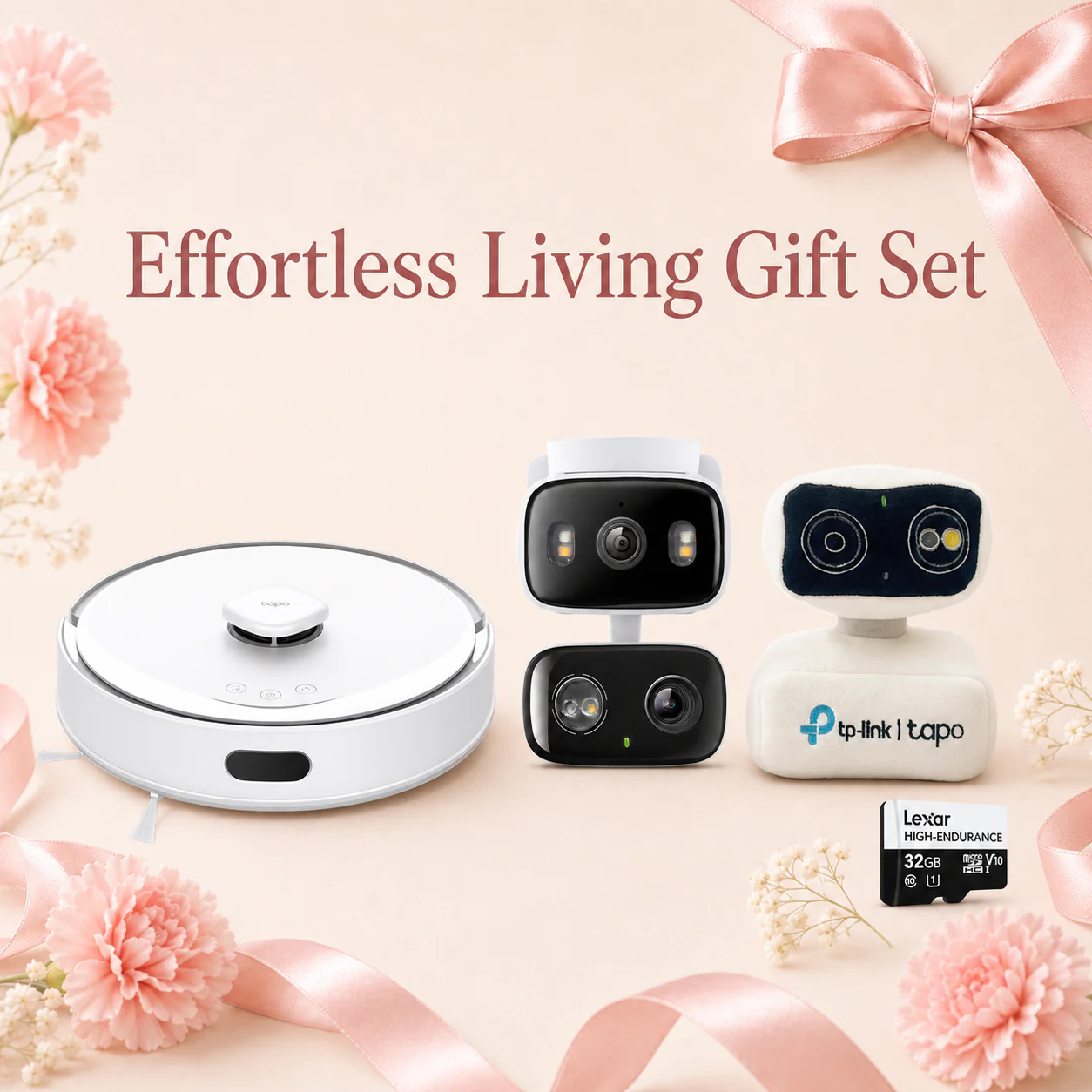 Effortless Living Gift Kit - Dual-Lens Pan/Tilt Security Camera + Robot Vacuum & Mop + Tapo Plushie + Free SD Card