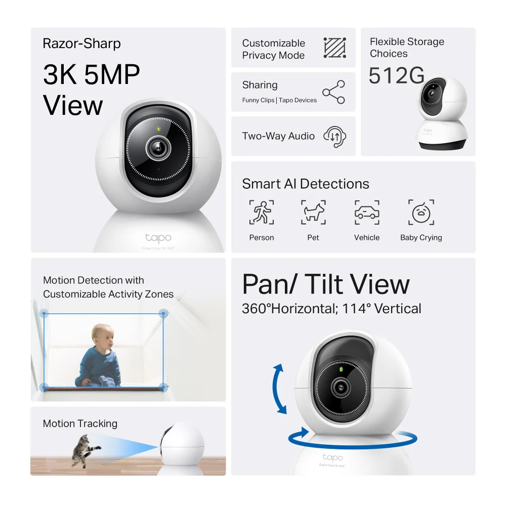 TC74 | Pan/Tilt AI Home Security Wi-Fi Camera, 3K 5MP, Night Vision - Image 3