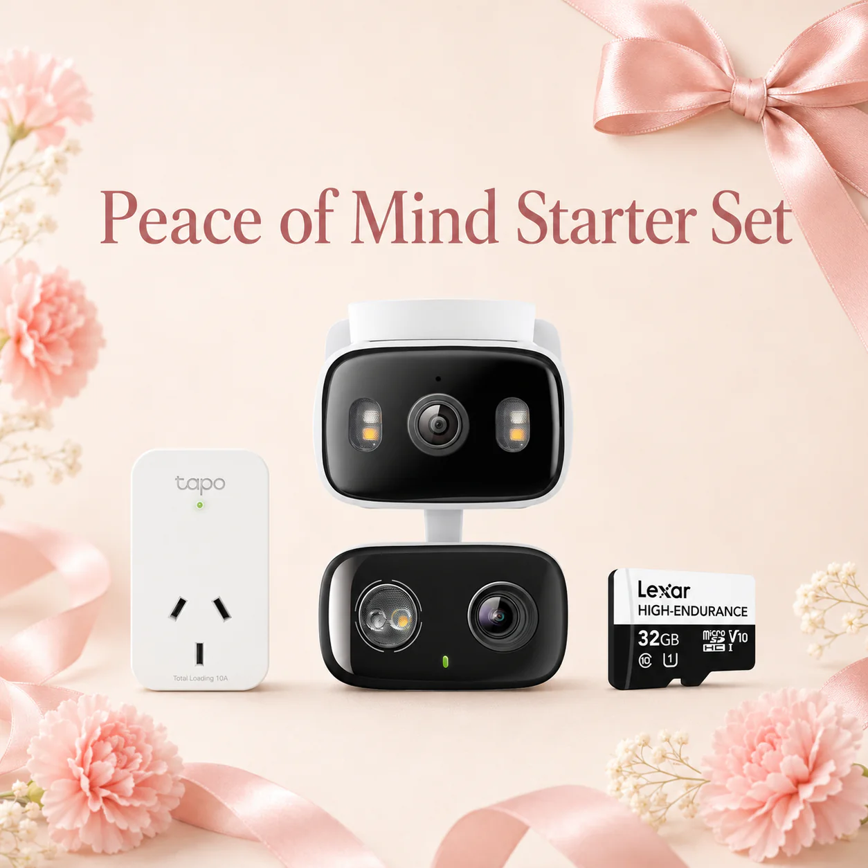 Peace of Mind Starter Kit - Dual-Lens Pan/Tilt Security Camera + Smart Plug + Free SD Card
