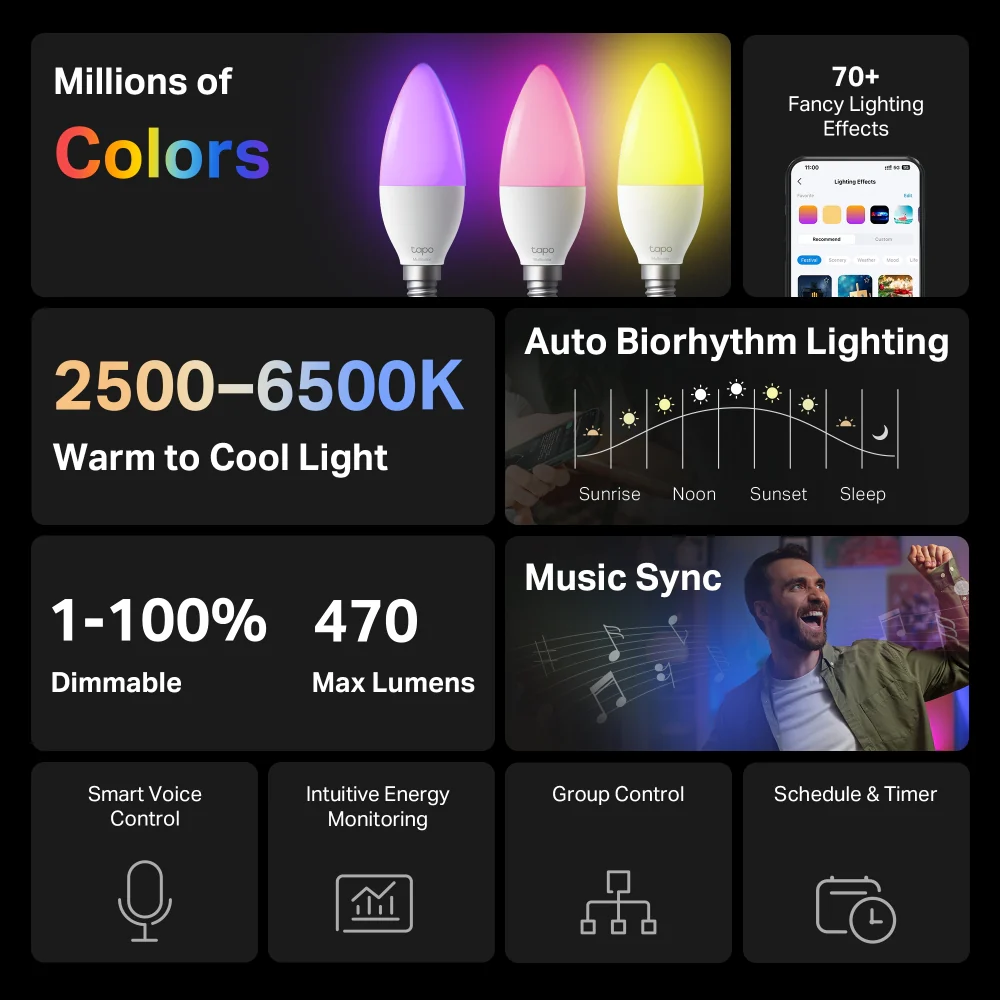 Tapo L430C (2-Pack) | Smart Multicolour Light Bulb, Tunable White, Voice Control - Image 2